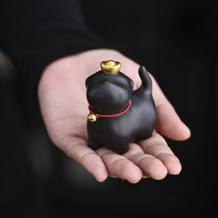 Buddha Stones, Mini lingote de gato de la suerte, té, mascota, cerámica, decoración de escritorio para el hogar - Gato de la suerte negro 5,5 x 3,2 x 6 cm - image 0