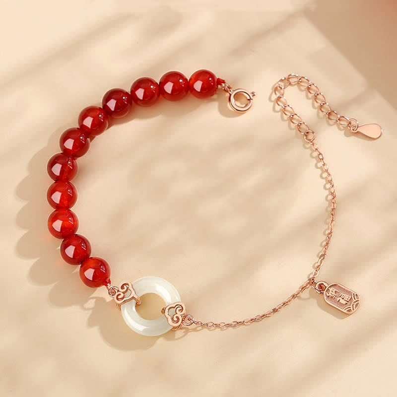 Pulsera de confianza con hebilla de paz de jade blanco de ágata roja natural de plata de ley 925