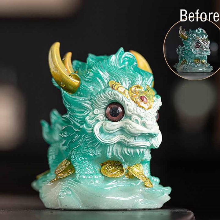 Buddha Stones que cambian de Color, pequeña figura decorativa para el hogar, té de resina Kirin, mascota - Cambio de color - Kirin cian 12*8*11,5 cm - image 20