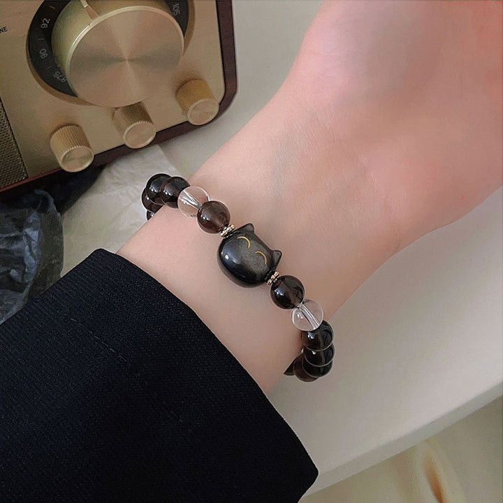 Buddha Stones Obsidiana de hielo natural Plata Brillo Obsidiana Lindo gato Pulsera positiva - image 4