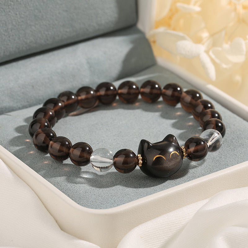 Buddha Stones Obsidiana de hielo natural Plata Brillo Obsidiana Lindo gato Pulsera positiva - 14-16 cm - image 1