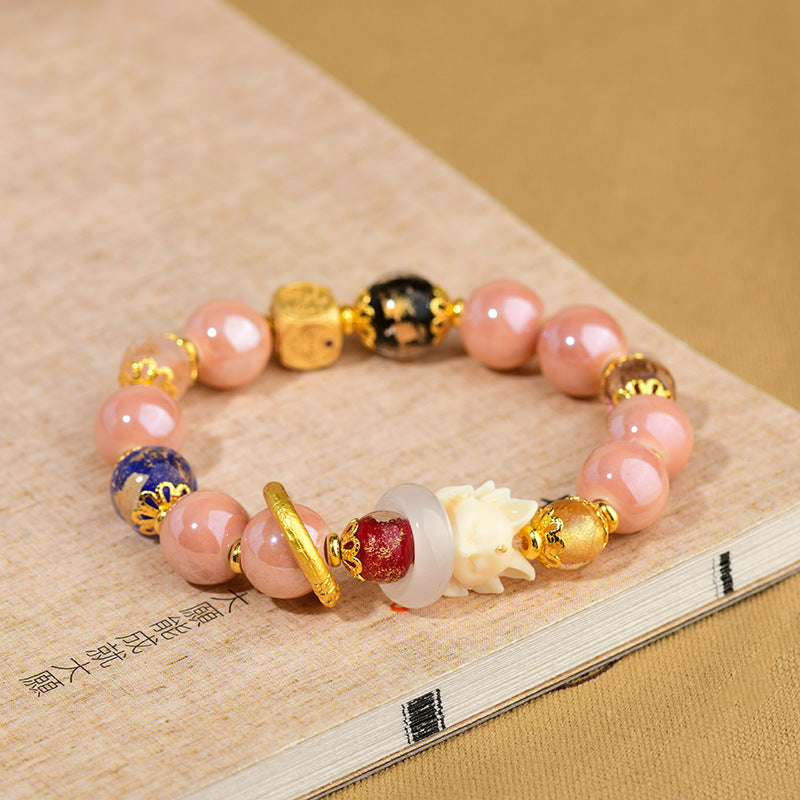 Pulsera de zorro de nueve colas con cuentas de vidrio Liuli, ceniza de incienso tibetano y Buddha Stones