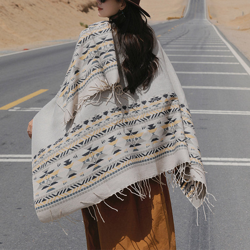 Mantón tibetano de Buddha Stones, geometría colorida, bufanda de viaje acogedora para invierno - Beige 150*130 cm - image 25