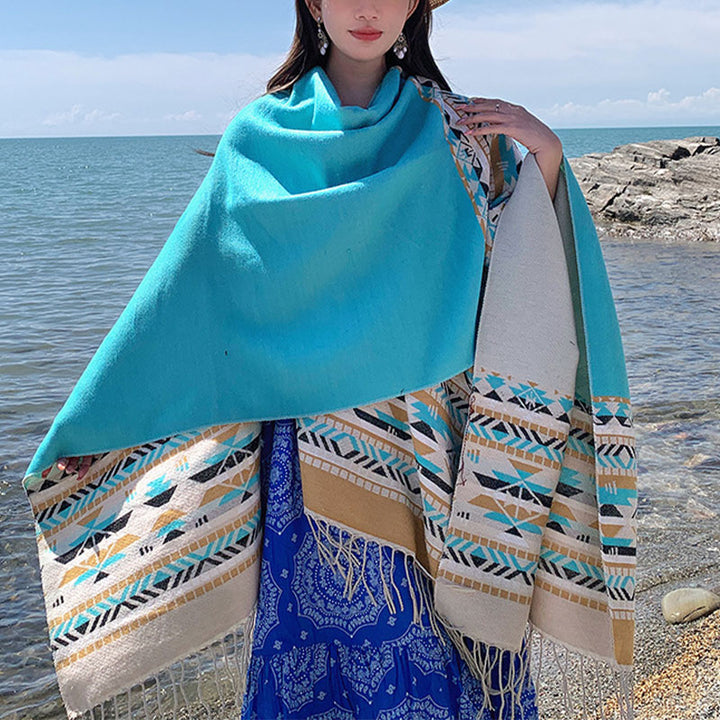 Mantón tibetano de Buddha Stones, geometría colorida, bufanda de viaje acogedora para invierno - Beige azul claro 150*130 cm - image 28