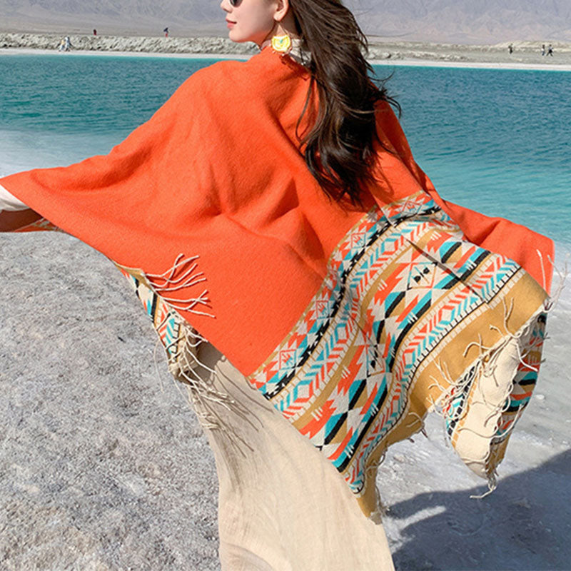 Mantón tibetano de Buddha Stones, geometría colorida, bufanda de viaje acogedora para invierno - Naranja 150*130 cm - image 36