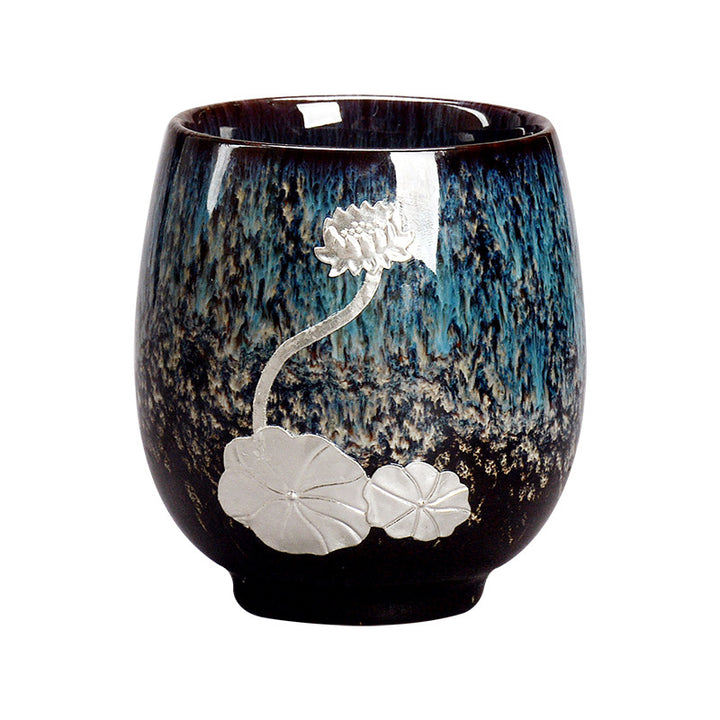 Buddha Stones, hoja de flor de loto plateada, taza de té de cerámica china Jianzhan, taza de té de Kung Fu 150ml