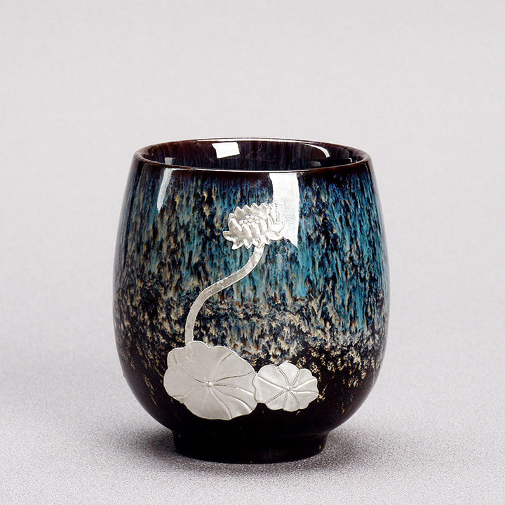 Buddha Stones, hoja de flor de loto plateada, taza de té de cerámica china Jianzhan, taza de té de Kung Fu 150ml