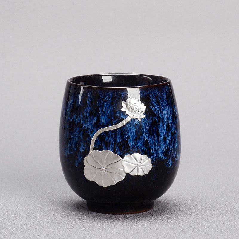 Buddha Stones, hoja de flor de loto plateada, taza de té de cerámica china Jianzhan, taza de té de Kung Fu 150ml
