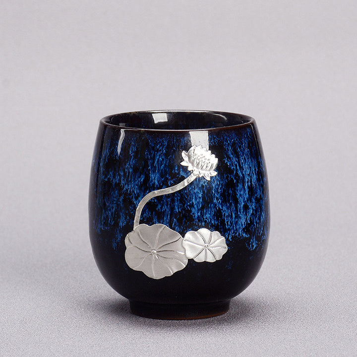 Buddha Stones, hoja de flor de loto plateada, taza de té de cerámica china Jianzhan, taza de té de Kung Fu 150ml