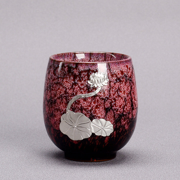 Buddha Stones, hoja de flor de loto plateada, taza de té de cerámica china Jianzhan, taza de té de Kung Fu 150ml