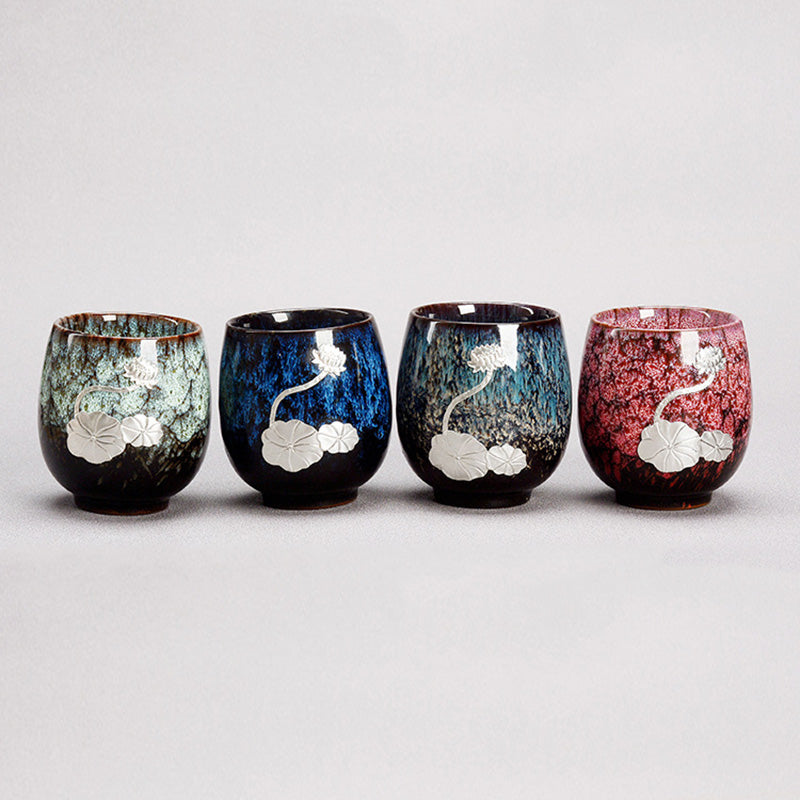 Buddha Stones, hoja de flor de loto plateada, taza de té de cerámica china Jianzhan, taza de té de Kung Fu 150ml