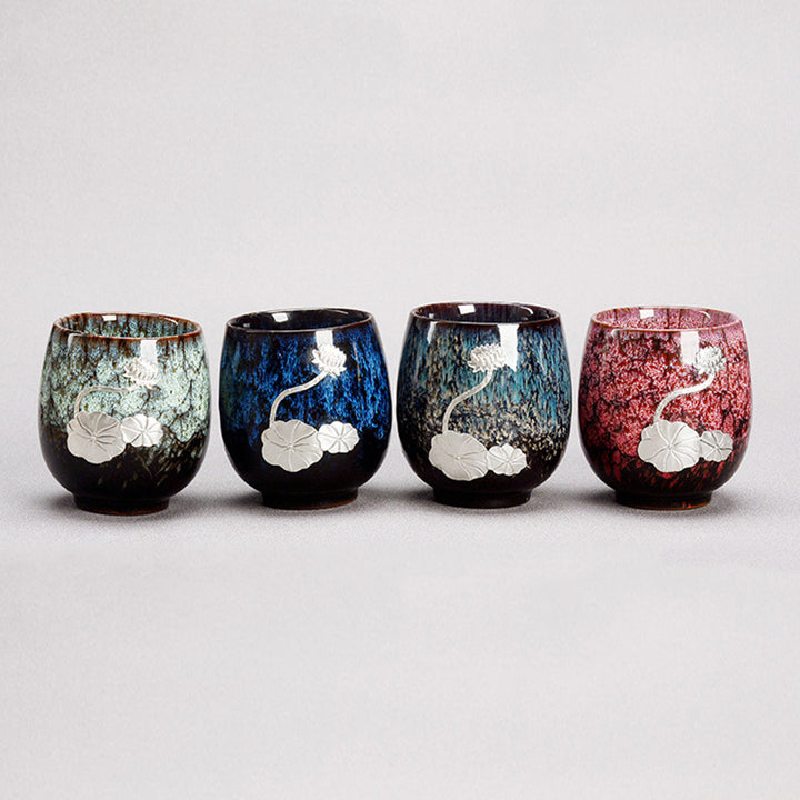Buddha Stones, hoja de flor de loto plateada, taza de té de cerámica china Jianzhan, taza de té de Kung Fu 150ml