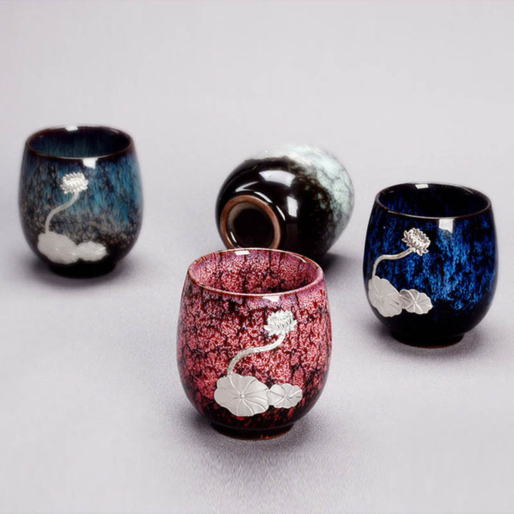 Buddha Stones, hoja de flor de loto plateada, taza de té de cerámica china Jianzhan, taza de té de Kung Fu 150ml
