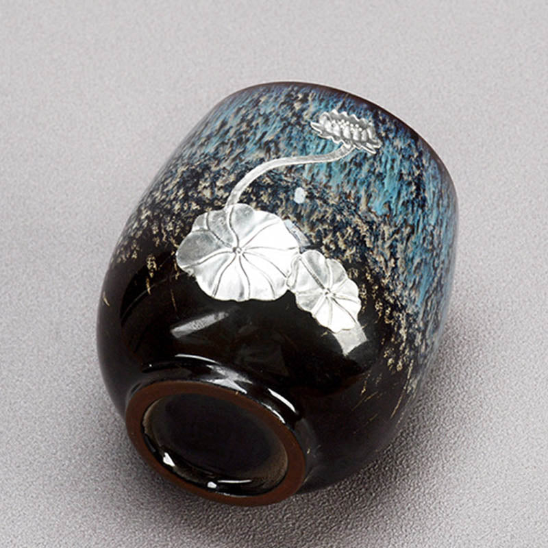 Buddha Stones, hoja de flor de loto plateada, taza de té de cerámica china Jianzhan, taza de té de Kung Fu 150ml