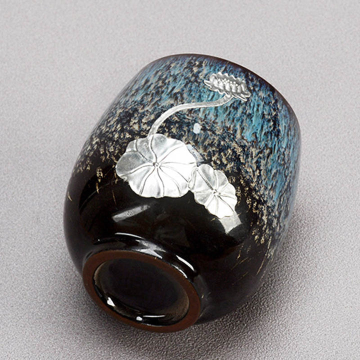 Buddha Stones, hoja de flor de loto plateada, taza de té de cerámica china Jianzhan, taza de té de Kung Fu 150ml