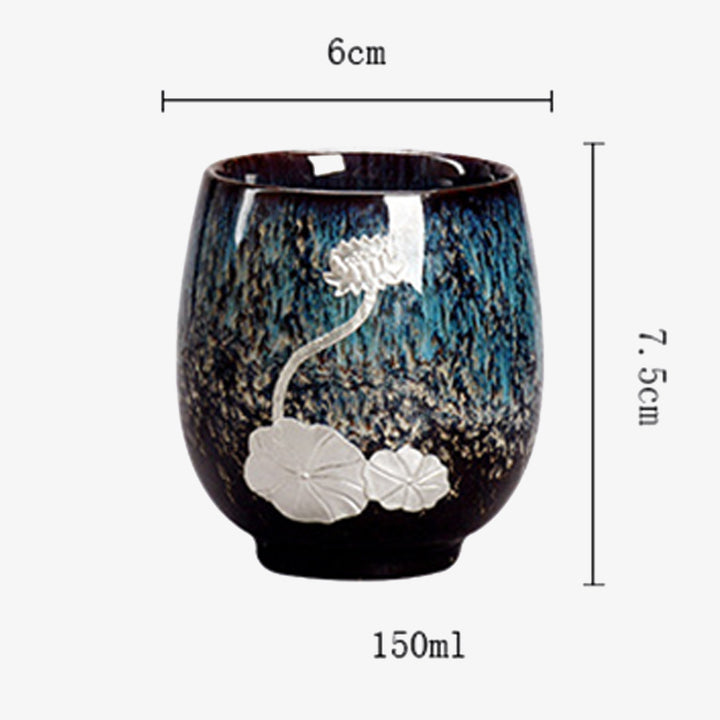 Buddha Stones, hoja de flor de loto plateada, taza de té de cerámica china Jianzhan, taza de té de Kung Fu 150ml