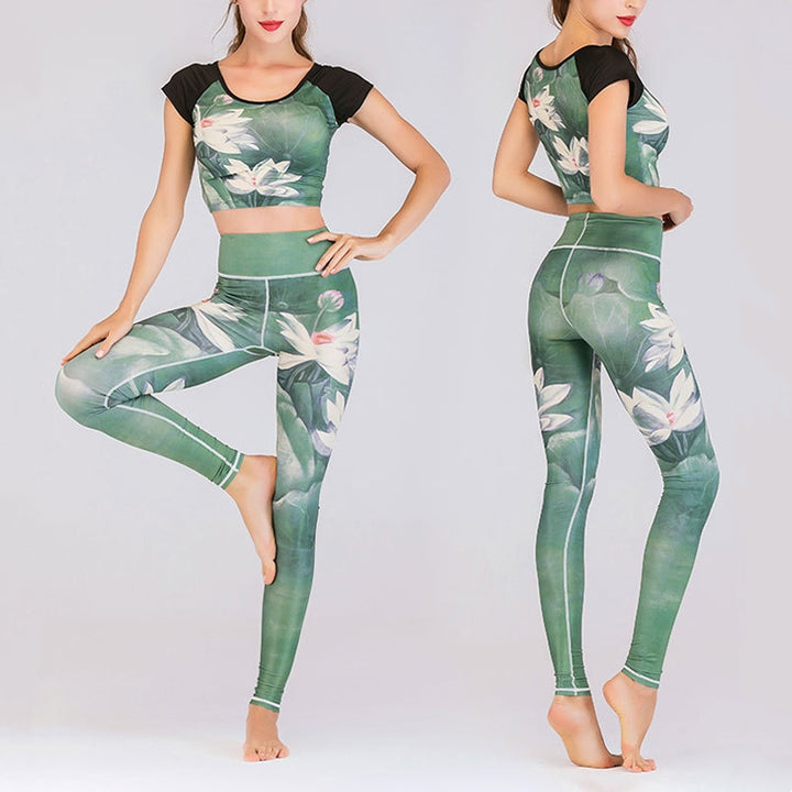 Buddha Stones 2 Piezas Lotus Phoenix Flores de Primavera Pavo Real Top Pantalones Deportes Fitness Yoga Conjuntos de Yoga para Mujer - Loto - US8-10, UK/AU12-14, EU40-42 (XL) - image 0