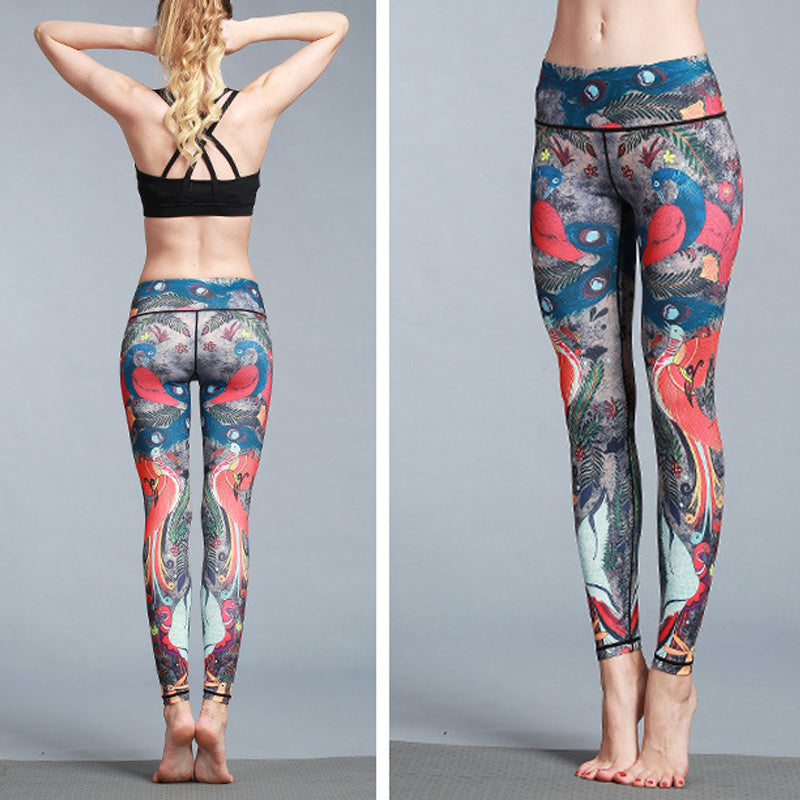 Pantalones de plumas de pavo real rojo y azul con piedras de Buddha Stones, mallas deportivas para Yoga, pantalones de Yoga para mujer - image 4