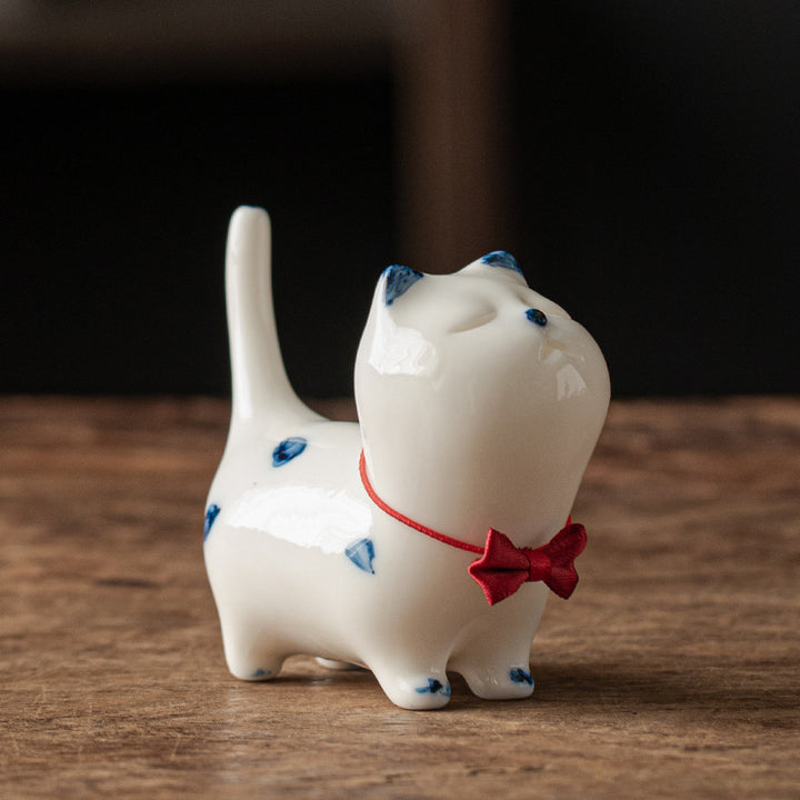 Mini gato blanco de la suerte, Buddha Stones , gatito, té, mascota, cerámica, decoración de escritorio para el hogar - Gatito blanco (estilo lazo rojo) 8,9 cm x 3,7 cm x 7,6 cm - image 14