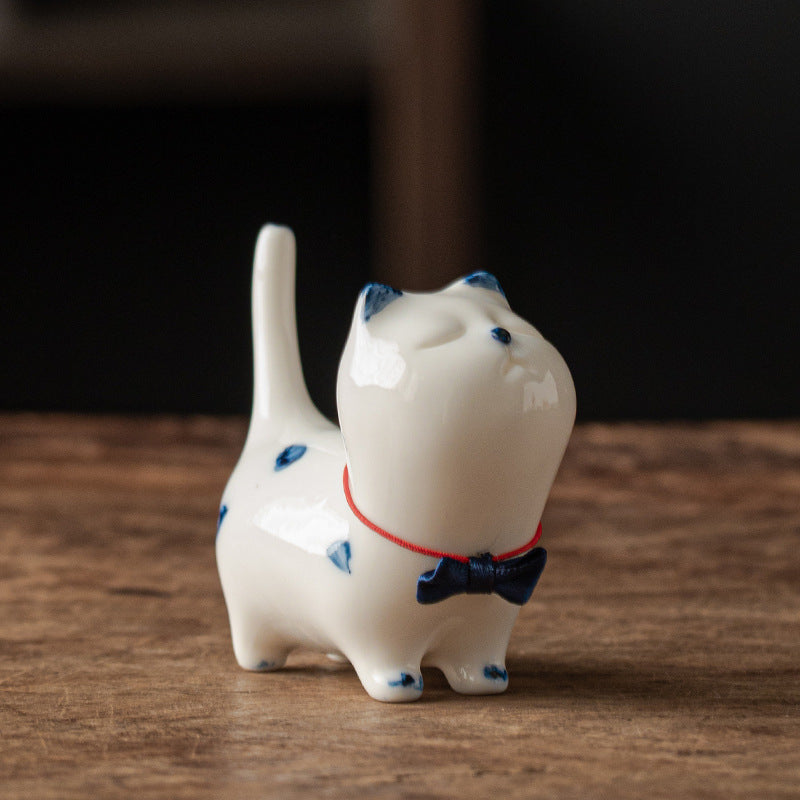 Mini gato blanco de la suerte, Buddha Stones , gatito, té, mascota, cerámica, decoración de escritorio para el hogar - Gatito blanco (estilo lazo azul) 8,9 cm x 3,7 cm x 7,6 cm - image 16