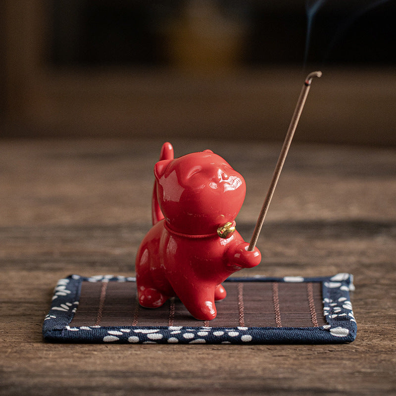 Mini gato de la suerte, Buddha Stones, gatito, té, mascota, cerámica, decoración de escritorio para el hogar con estera de Bambú - Gatito rojo 6,2 cm x 3,2 cm x 5,6 cm - image 17