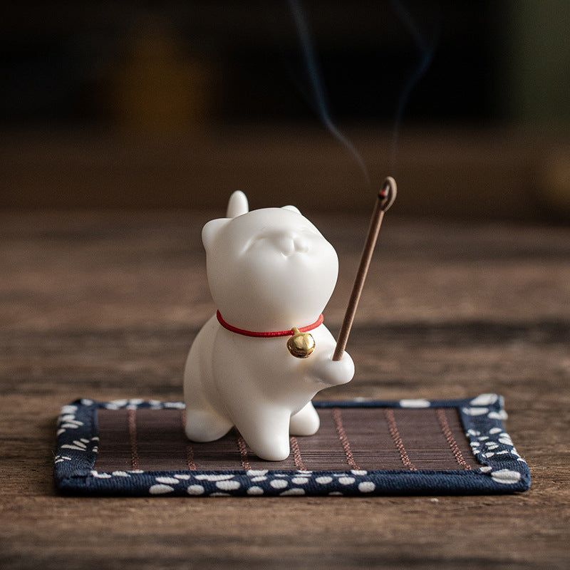 Mini gato de la suerte, Buddha Stones, gatito, té, mascota, cerámica, decoración de escritorio para el hogar con estera de Bambú - image 3