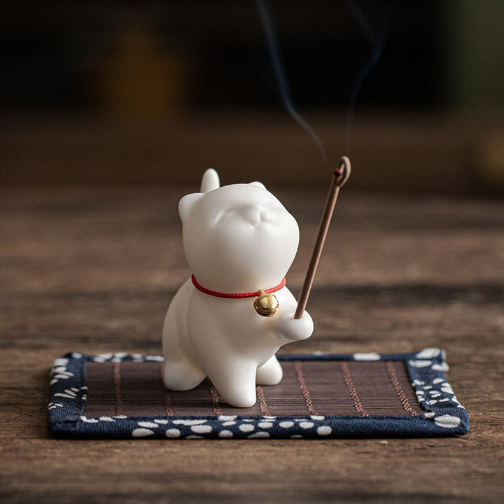 Mini gato de la suerte, Buddha Stones, gatito, té, mascota, cerámica, decoración de escritorio para el hogar con estera de Bambú - image 3