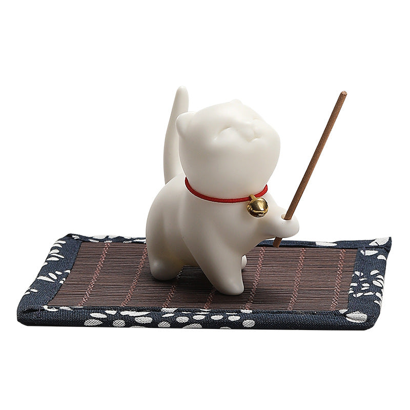 Mini gato de la suerte, Buddha Stones, gatito, té, mascota, cerámica, decoración de escritorio para el hogar con estera de Bambú - image 10