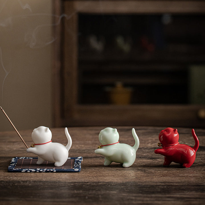 Mini gato de la suerte, Buddha Stones, gatito, té, mascota, cerámica, decoración de escritorio para el hogar con estera de Bambú - image 18