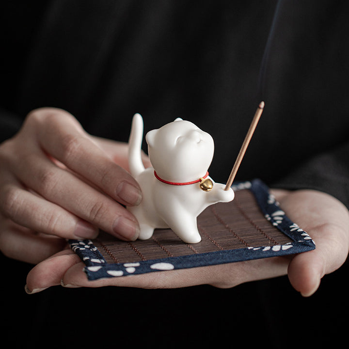 Mini gato de la suerte, Buddha Stones, gatito, té, mascota, cerámica, decoración de escritorio para el hogar con estera de Bambú - image 4