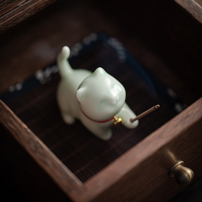 Mini gato de la suerte, Buddha Stones, gatito, té, mascota, cerámica, decoración de escritorio para el hogar con estera de Bambú - image 14