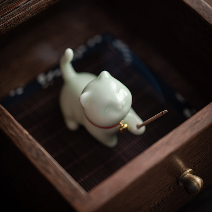 Mini gato de la suerte, Buddha Stones, gatito, té, mascota, cerámica, decoración de escritorio para el hogar con estera de Bambú - image 14
