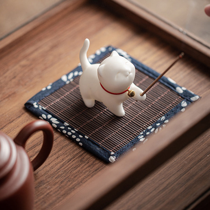 Mini gato de la suerte, Buddha Stones, gatito, té, mascota, cerámica, decoración de escritorio para el hogar con estera de Bambú - image 5