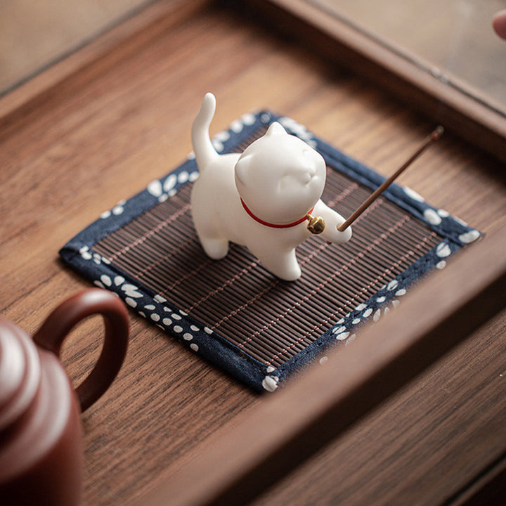 Mini gato de la suerte, Buddha Stones, gatito, té, mascota, cerámica, decoración de escritorio para el hogar con estera de Bambú - image 5