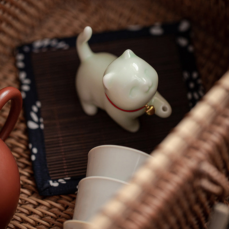 Mini gato de la suerte, Buddha Stones, gatito, té, mascota, cerámica, decoración de escritorio para el hogar con estera de Bambú - image 16