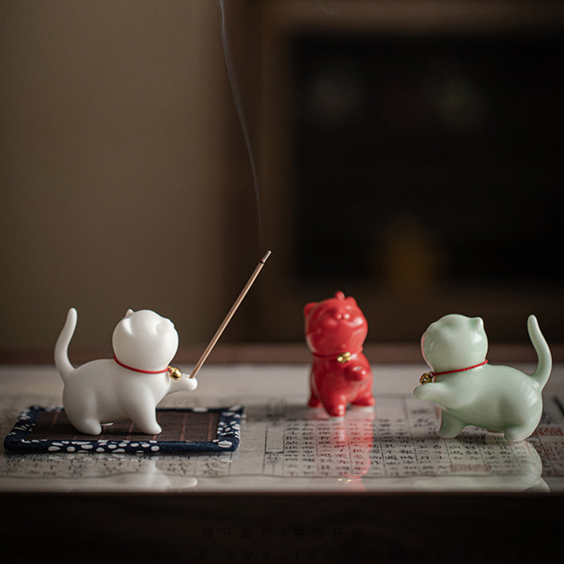 Mini gato de la suerte, Buddha Stones, gatito, té, mascota, cerámica, decoración de escritorio para el hogar con estera de Bambú - image 1