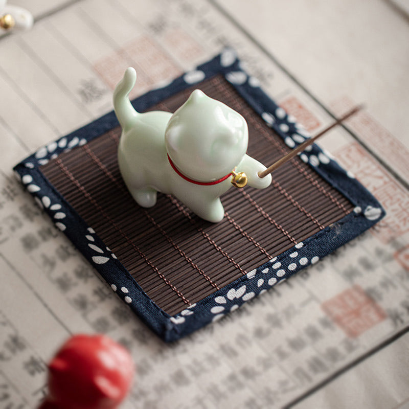 Mini gato de la suerte, Buddha Stones, gatito, té, mascota, cerámica, decoración de escritorio para el hogar con estera de Bambú - image 15