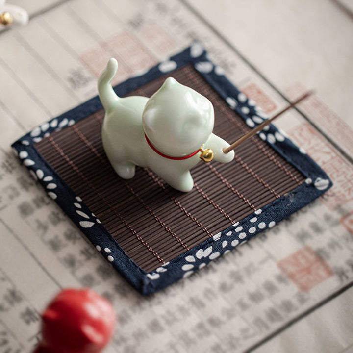 Mini gato de la suerte, Buddha Stones, gatito, té, mascota, cerámica, decoración de escritorio para el hogar con estera de Bambú - image 15