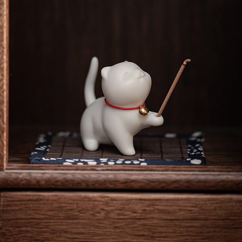 Mini gato de la suerte, Buddha Stones, gatito, té, mascota, cerámica, decoración de escritorio para el hogar con estera de Bambú - image 5