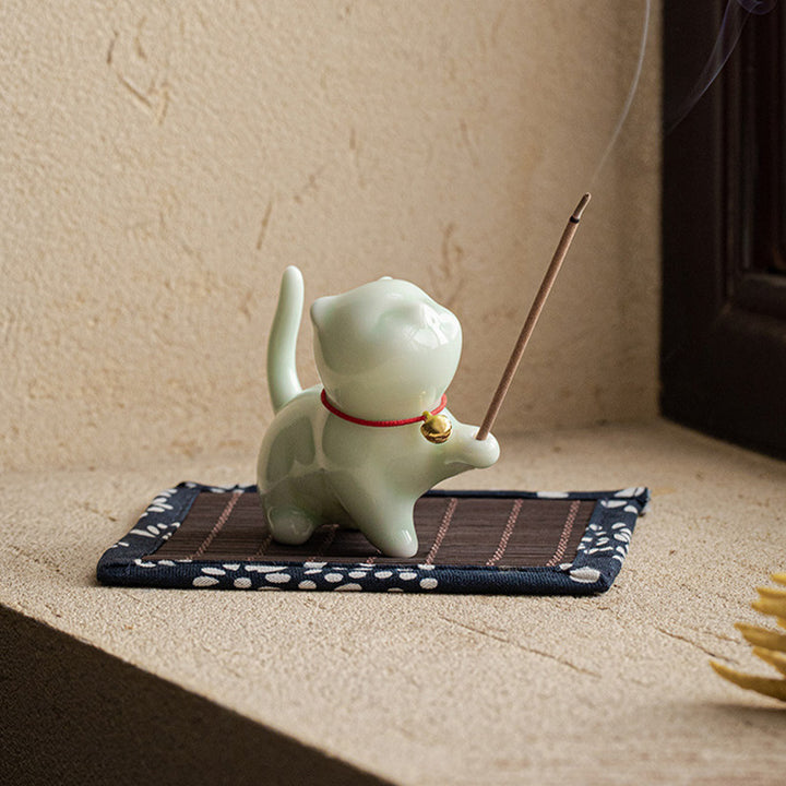 Mini gato de la suerte, Buddha Stones, gatito, té, mascota, cerámica, decoración de escritorio para el hogar con estera de Bambú - image 13