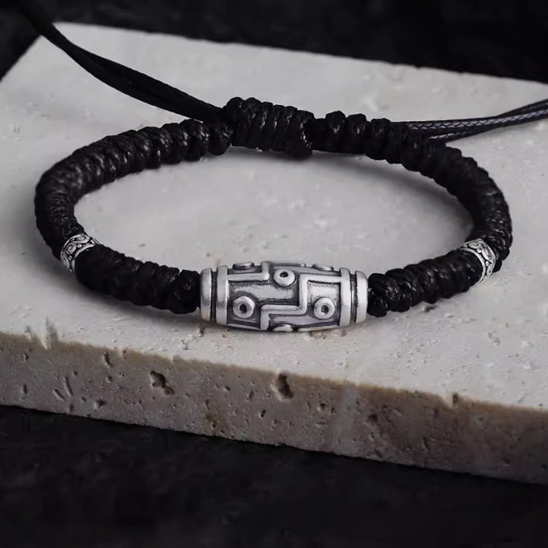 Pulsera de cuerda de bendición con patrón de cuentas Dzi de nueve ojos de plata de ley 999 con Buddha Stones - 14-23 cm - image 0