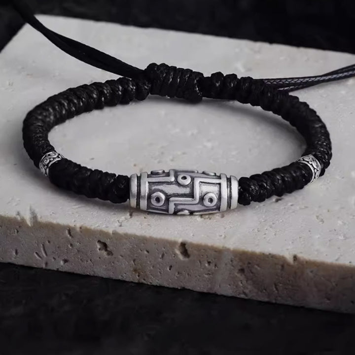 Pulsera de cuerda de bendición con patrón de cuentas Dzi de nueve ojos de plata de ley 999 con Buddha Stones - 14-23 cm - image 0