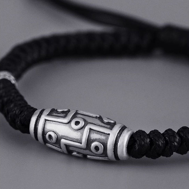 Pulsera de cuerda de bendición con patrón de cuentas Dzi de nueve ojos de plata de ley 999 con Buddha Stones - image 1