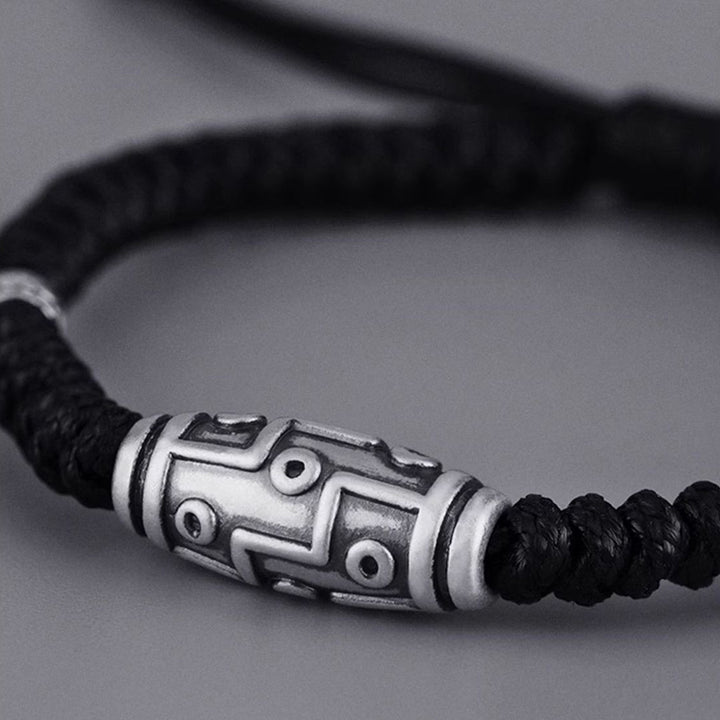 Pulsera de cuerda de bendición con patrón de cuentas Dzi de nueve ojos de plata de ley 999 con Buddha Stones - image 1