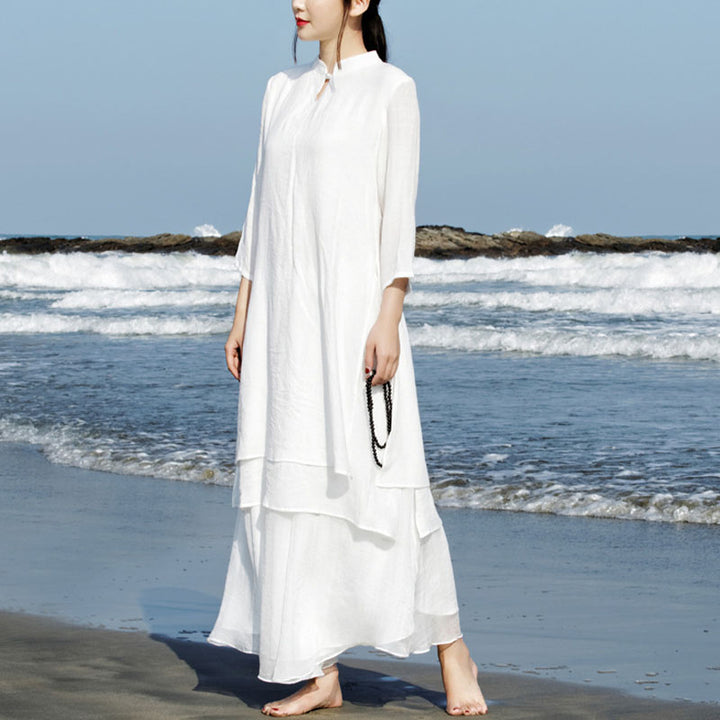 Buddha Stones 2 piezas blanco Tai Chi meditación Yoga Zen algodón ropa de lino Top pantalones conjunto de mujer - image 1