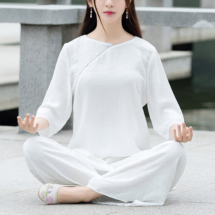 Conjunto de ropa de lino y algodón para mujer, pantalón superior blanco, diseño Simple, Buddha Stones , meditación, Yoga, Zen, Tai Chi, 2 uds. - Blanco (Top y pantalón): US8-10, UK/AU12-14, EU40-42 (3XL) - image 0
