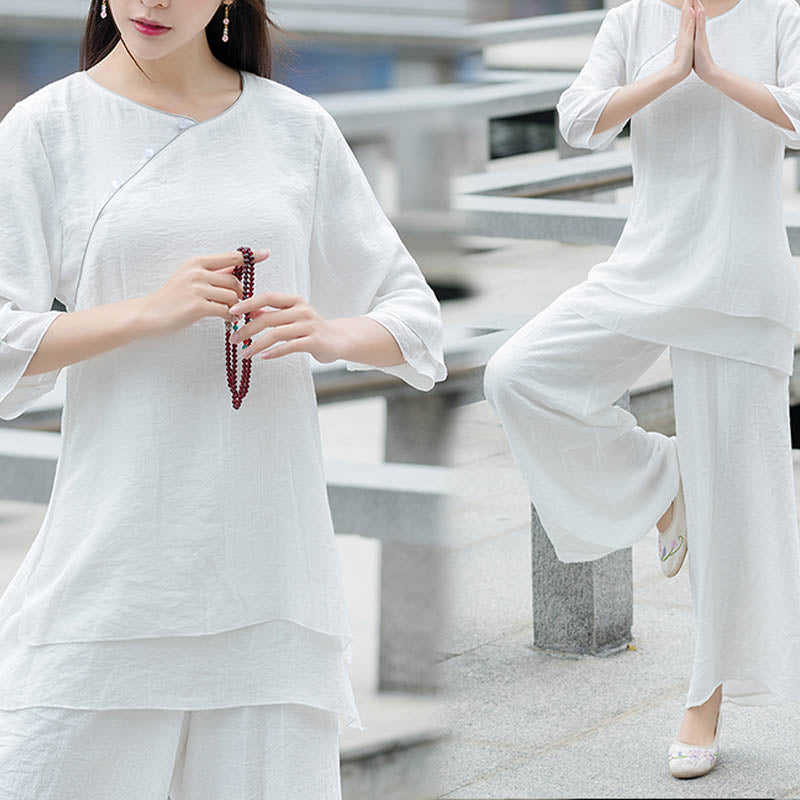 Conjunto de ropa de lino y algodón para mujer, pantalón superior blanco, diseño Simple, Buddha Stones , meditación, Yoga, Zen, Tai Chi, 2 uds. - image 1