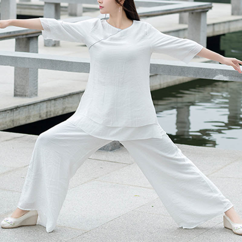 Conjunto de ropa de lino y algodón para mujer, pantalón superior blanco, diseño Simple, Buddha Stones , meditación, Yoga, Zen, Tai Chi, 2 uds. - image 4