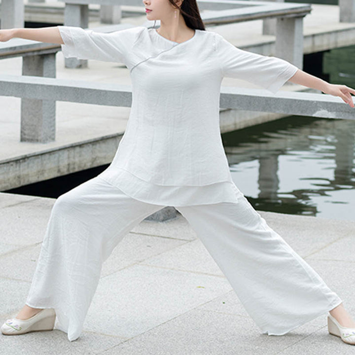 Conjunto de ropa de lino y algodón para mujer, pantalón superior blanco, diseño Simple, Buddha Stones , meditación, Yoga, Zen, Tai Chi, 2 uds. - image 4