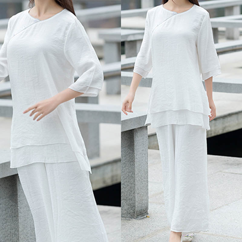 Conjunto de ropa de lino y algodón para mujer, pantalón superior blanco, diseño Simple, Buddha Stones , meditación, Yoga, Zen, Tai Chi, 2 uds. - image 2